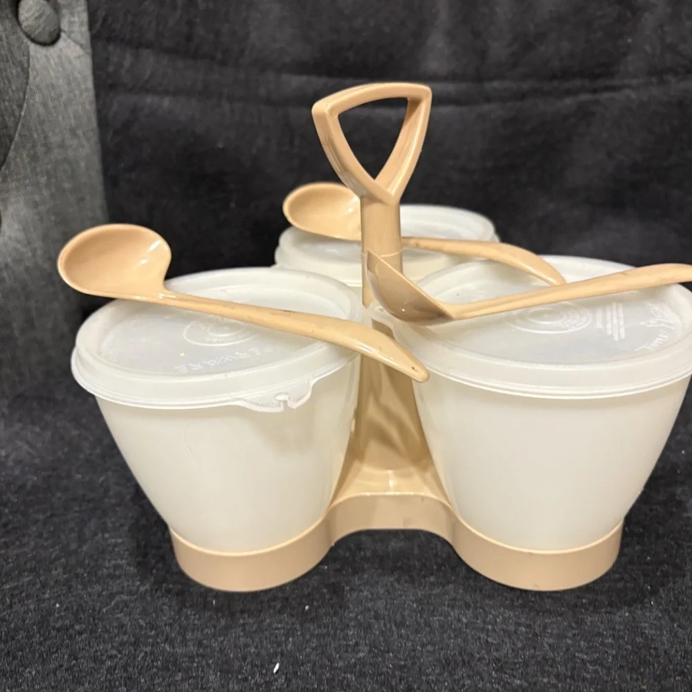 Vintage TUPPERWARE Condiment Caddy  Almond & Clear Lids With Spoons Set